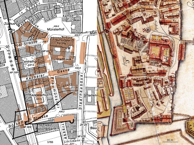 Ehemaliges Kratzquartier, links in braun hinterlegt, rechts im Müllerplan von 1793 dargestellt. (Planvergleich AfS/Archäologie)