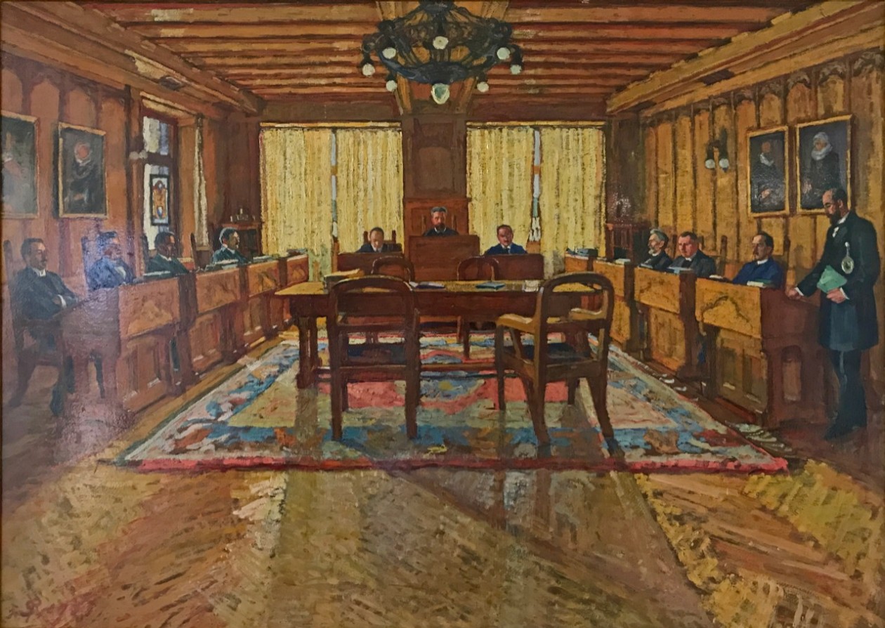 1921, Ölgemälde «Sitzung des Stadtrates» von Sigismund Righini (1870-1937)