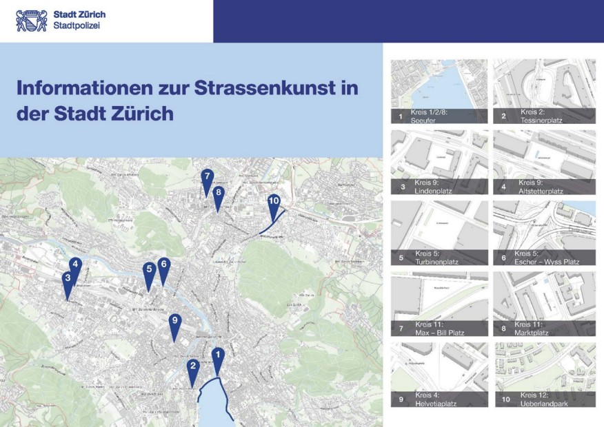Gebiete in der Stadt Zürich, in denen Strassenkunst erlaubt ist.