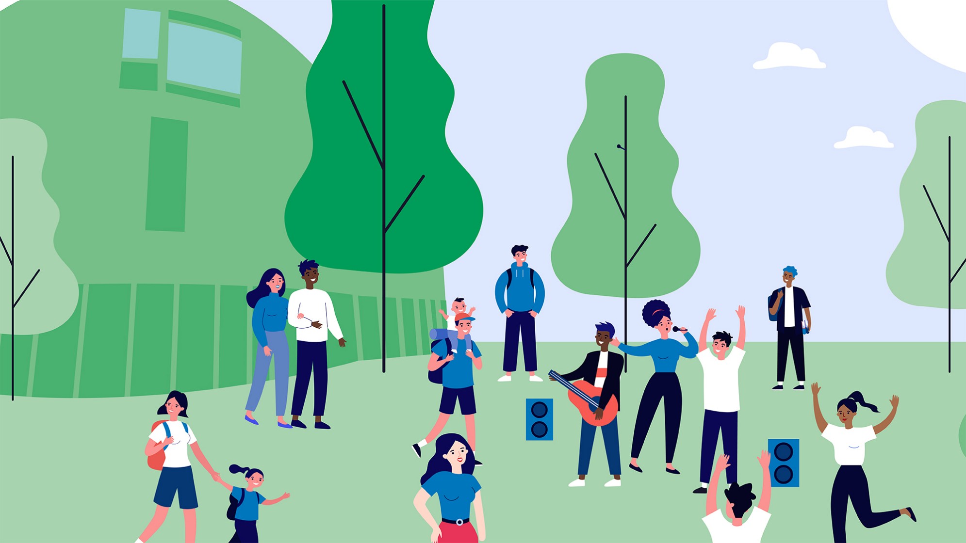 Menschen vor der Bäckeranlage hören Musik. 3 Menschen singen und spielen Gitarre.