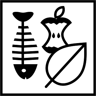 Piktogramm mit verschiedenen Symbolen für Bioabfall – Apfelreste, Fischgräte und Blatt.