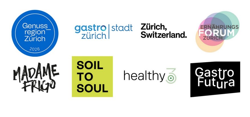 Partner-Logos von: Genussregion Zürich, Gastro Stadt Zürich, Ernährungsforum Zürich, Madame Frigo, Zürich Switzerland, Soil to Soul, healthy3, Gastro Futura